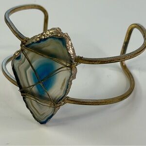 Artisan Sliced Blue Agate Bracelet Brass Handmade
